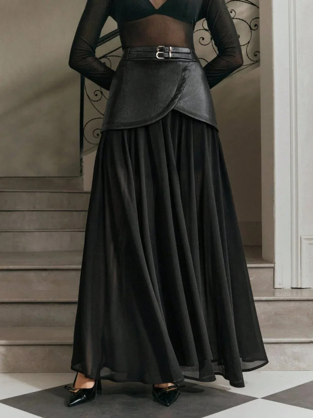 Black Casual Women's High Waist Double Belt Chiffon Patchwork Long Skirt